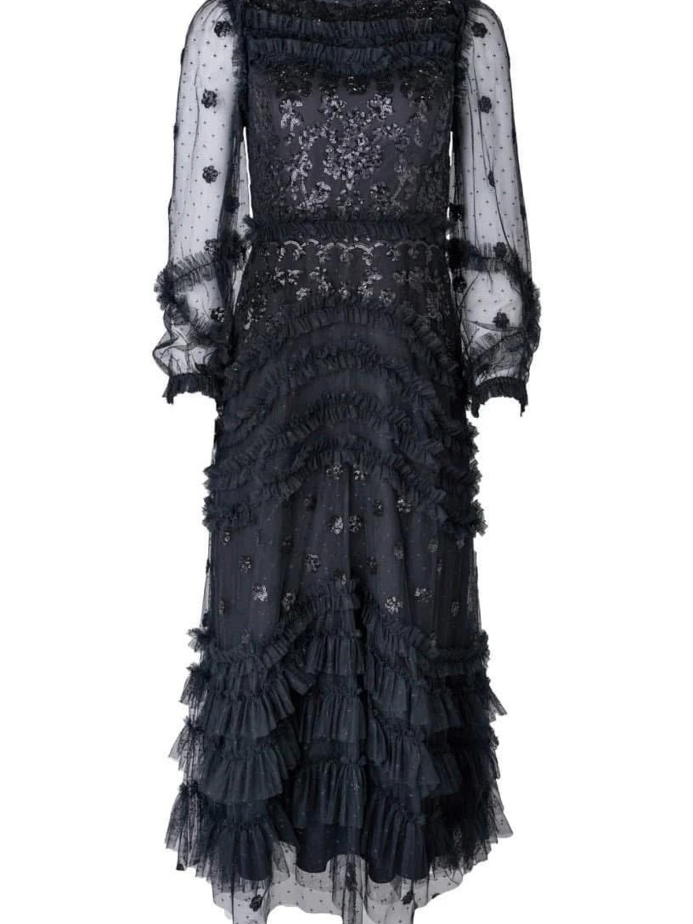 Ivy City Co Black Ruffled Lace Maxi Dress
